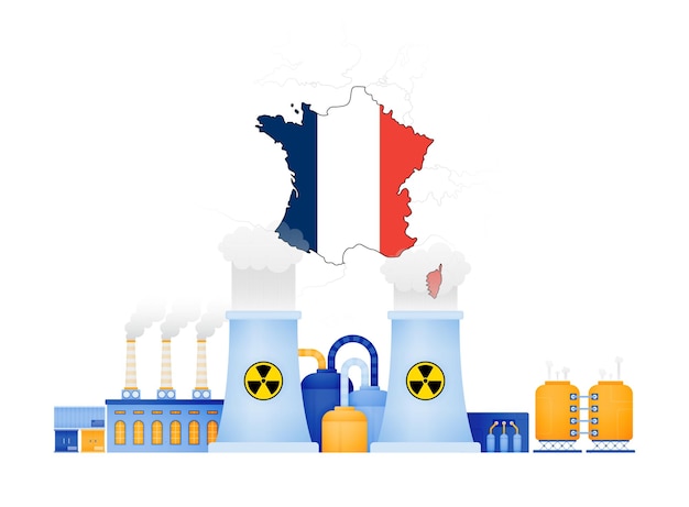 Vettore il design dell'illustrazione della campagna nucleare in francia riduce le emissioni di carbonio per l'energia elettrica, il nucleare rinnovabile a zero emissioni può essere utilizzato per il volantino della brochure del poster pubblicitario del sito web