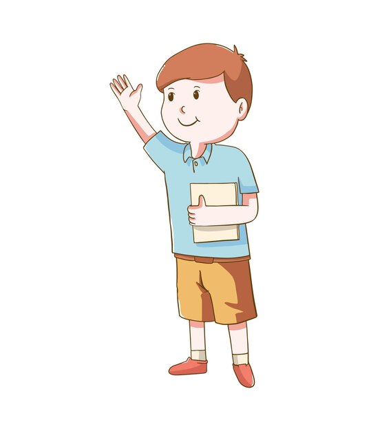 ベクトル 本を持って手を振るかわいい笑顔の男の子のイラスト デザイン