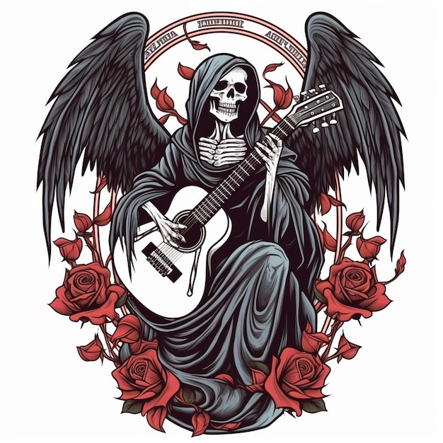 Vector illustration design of a skull playing a guitar with red roses vector