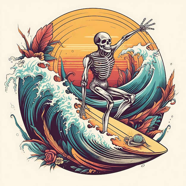 Illustrazione di un cranio che fa surf sulla spiaggia