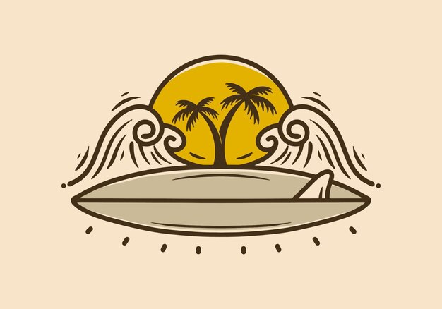 Illustration design of surf board waves and coconut trees