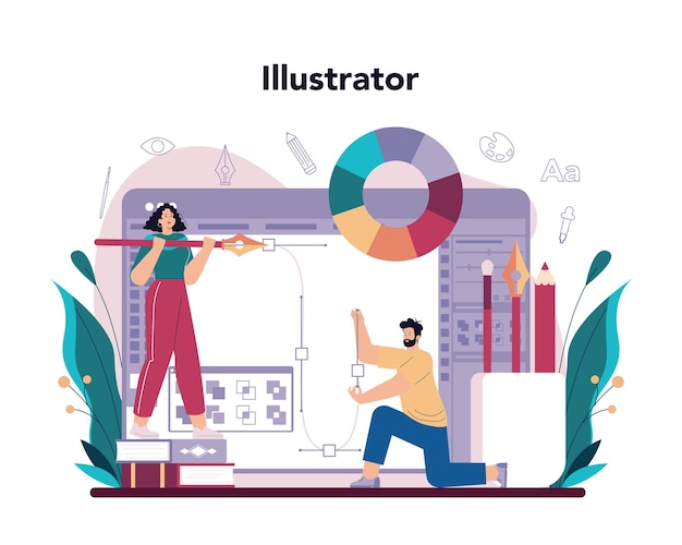 Illustration designer Artist drawing picture for book and magazines digital illustration for web sites and advertising Creative profession Flat vector illustration