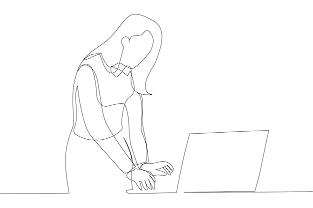 Illustration of Designer Lady Using Laptop Computer Working Online One line art style