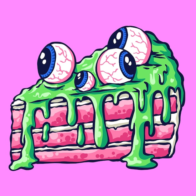 Vector illustration of a dessert monster with scary eyeballs in a psychedelic and melting style