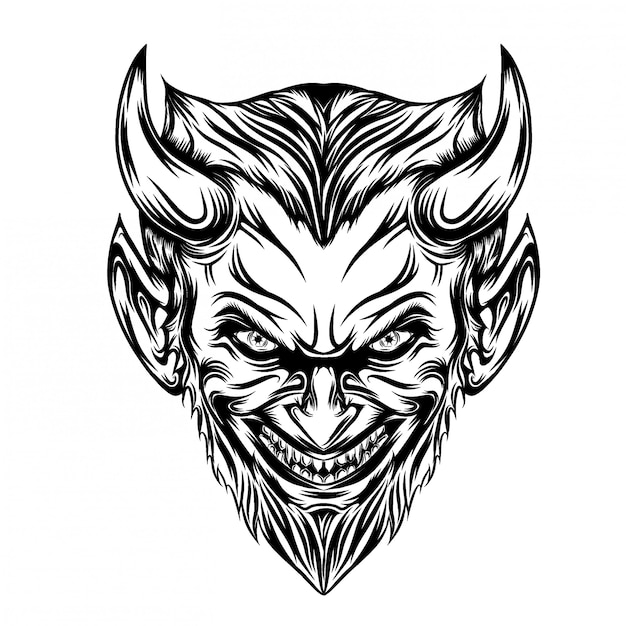 Vector illustration of devil head with long beard and scare smile