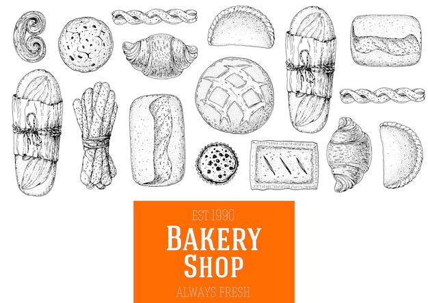 Illustration of different baked goods hand drawn vector illustration bakery sketch background template for design engraved food image hand drawn sketch with bread pastry sweet