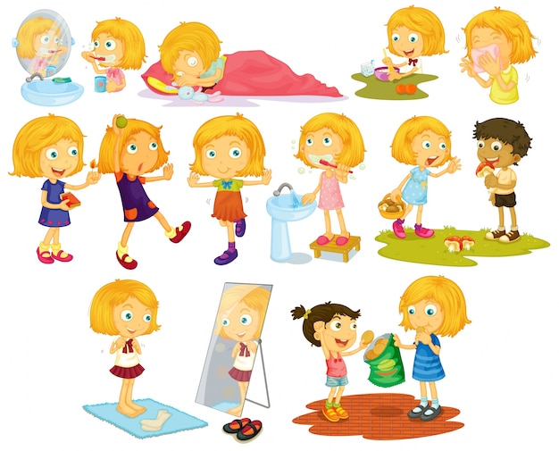 Illustration of different poses of a blond hair girl