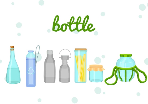 Illustration of different types of bottles plastic glass and iron containers for various purposes