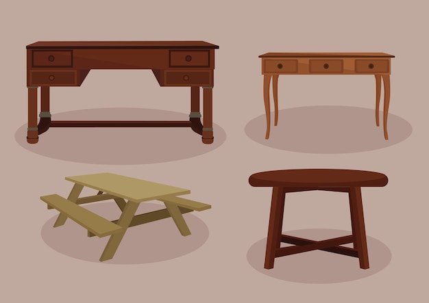 Vector illustration of different types of wooden table set