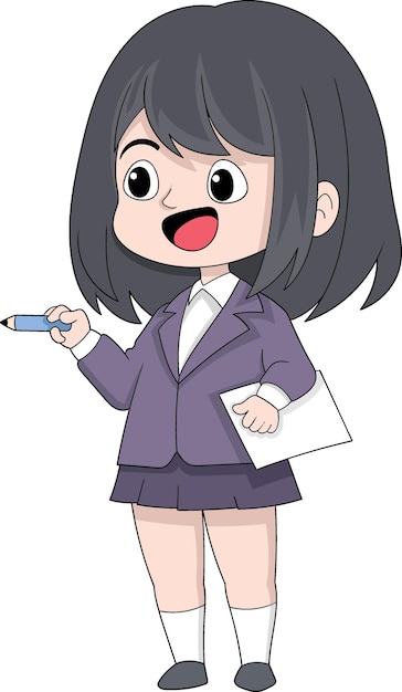 紙と鉛筆を運ぶ勤勉で知的な女子学生の女の子のイラスト