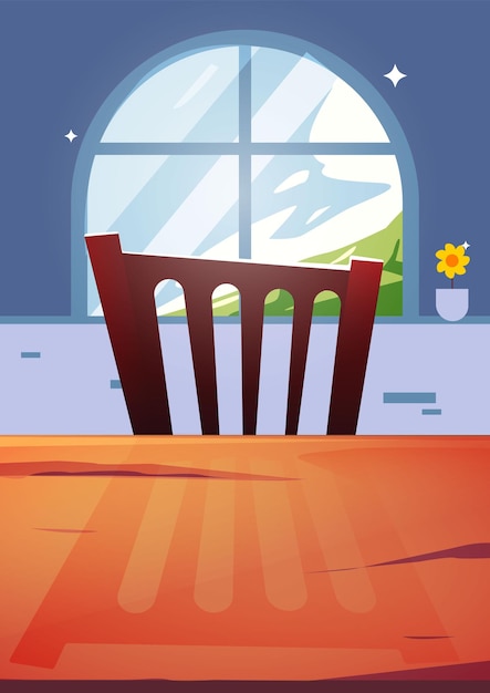 Illustration of dining table and chairs with window and view behind