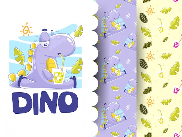 Illustration of dino drinking soda with patterns background