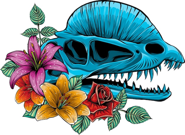 illustration of dinosaur dilophosaurus skull with tropical flowers