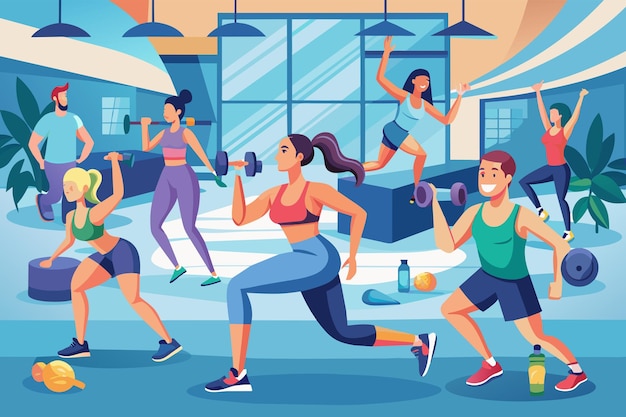 Illustration of a diverse group of people participating in various exercises in a brightly colored gym with large windows and plants Some are lifting weights