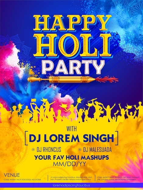 Illustrazione del banner del partito dj per il design della carta di sfondo happy holi per il festival dei colori dell'india