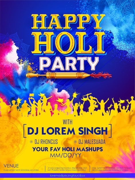illustration of dj party banner for happy holi background card design for color festival of india