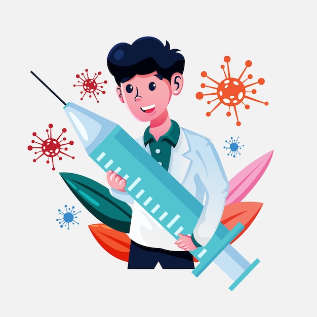 Illustration of doctor carrying a vaccination injector and surrounded by a virus