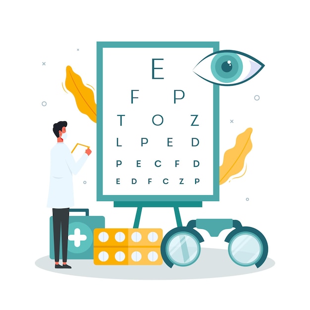 An illustration of a doctor looking at an eye chart