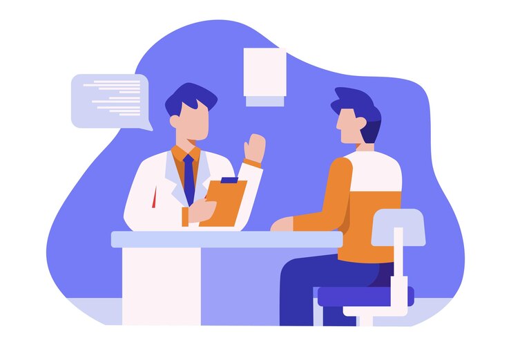 Vector illustration of doctor man checkup to patient from stethoscope at clinic