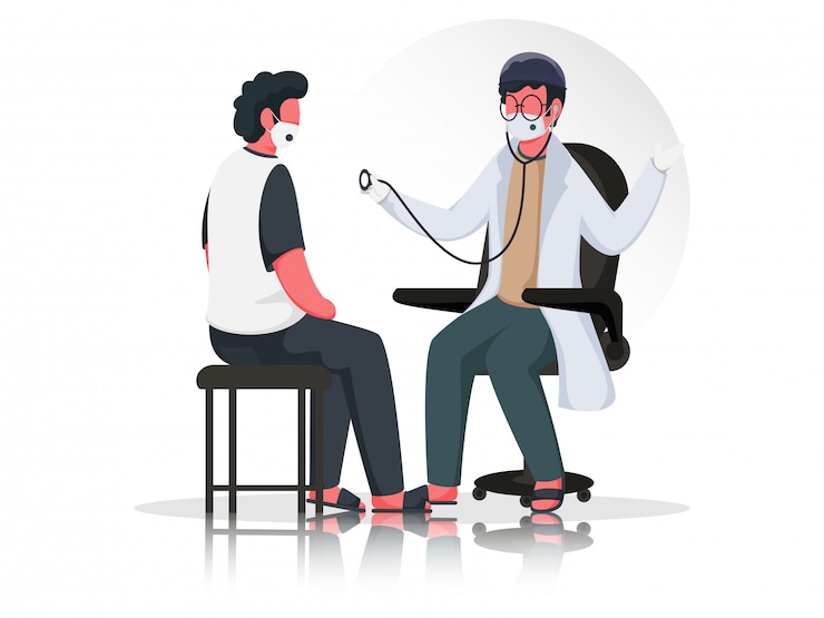 Vector illustration of doctor man examining patient by stethoscope sitting at chair with wear medical mask to prevent from coronavirus.
