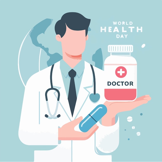 Vector illustration of doctor and medicine with text world health day