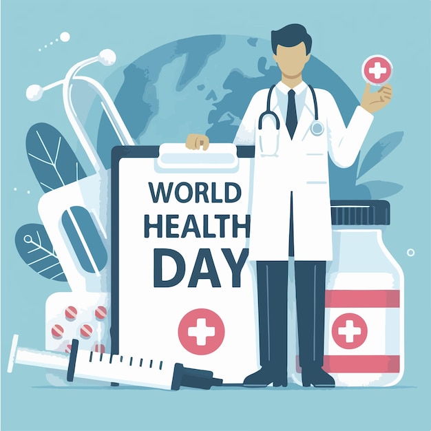 illustration of doctor and medicine with text world health day