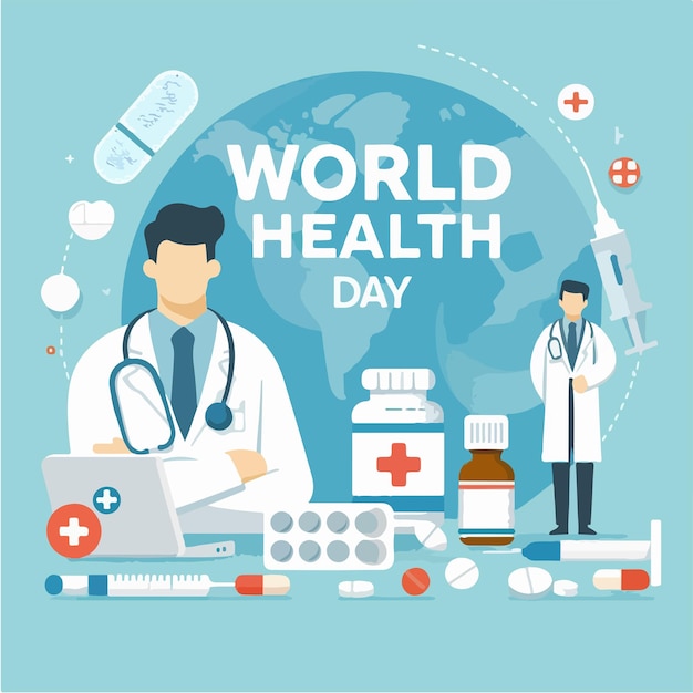 illustration of doctor and medicine with text world health day