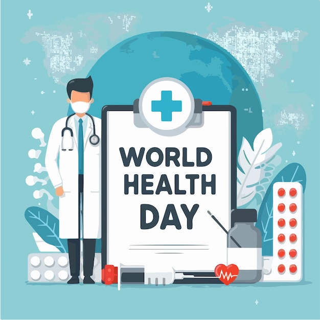 illustration of doctor and medicine with text world health day
