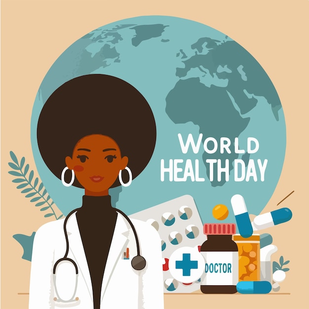 Vector illustration of doctor and medicine with text world health day