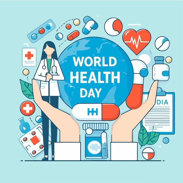 illustration of doctor and medicine with text world health day