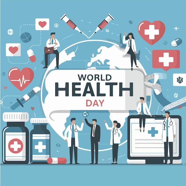 illustration of doctor and medicine with text world health day