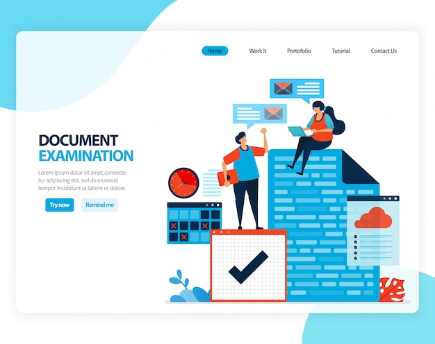 Illustration of document examination. checking legal document for recording, taxation, banking. flat cartoon