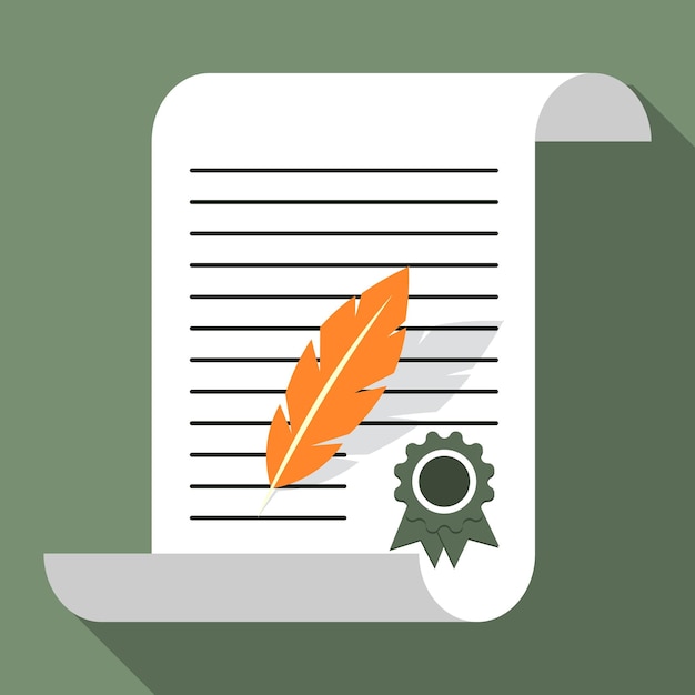 Illustration a document with a seal and a feather signing the document icon for business