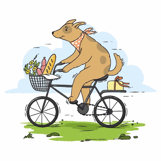 Иллюстрация собака едет на велосипеде на пикник