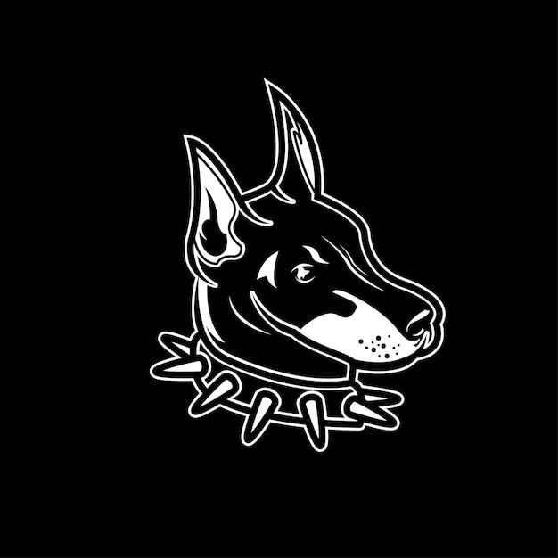 Illustration of a dog's head wearing a spiked collar in black and white style design