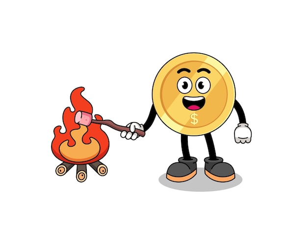 Illustration of dollar coin burning a marshmallow character design
