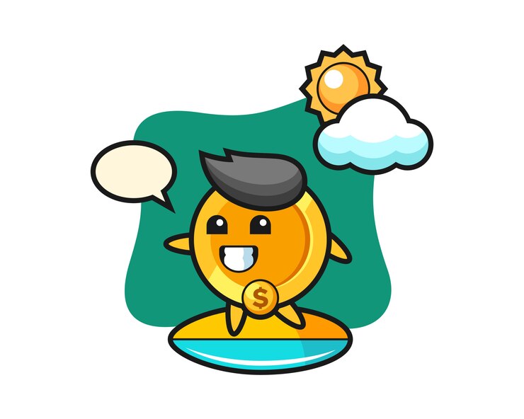 Vector illustration of dollar coin cartoon do surfing on the beach