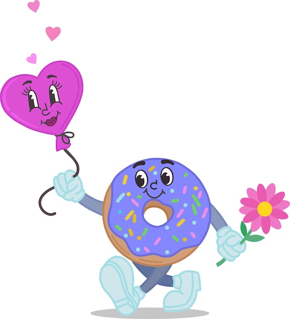 Illustration of a donut with flowers and a balloon in the retro style of the 50s 60s70s