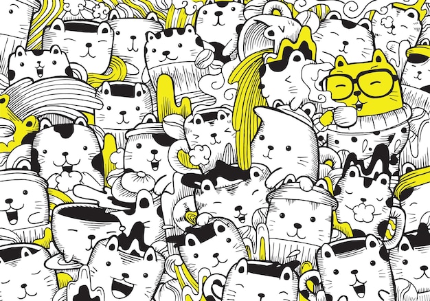 Illustrazione di doodle gatti e caffè in stile cartone animato