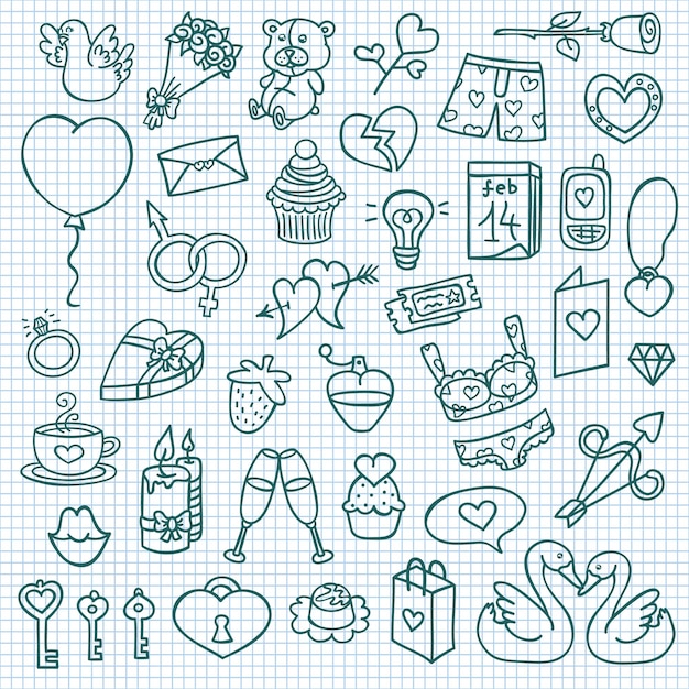 Illustration of  doodle collection of hand drawn love icons contour