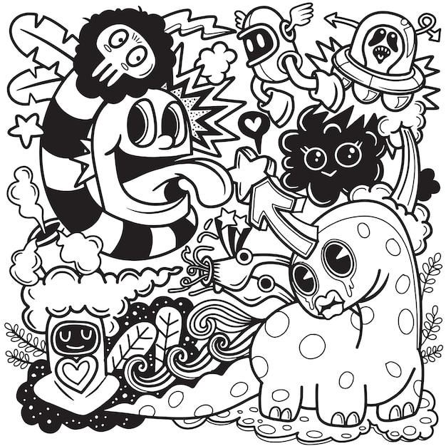 Illustration of Doodle cute Monster background Hand drawing Doodle