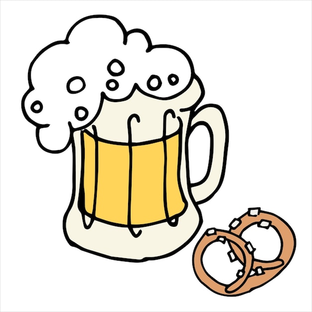 塩シンプルなビールとスナックとビールとプレッツェルの落書きスタイルの漫画のマグカップのイラスト