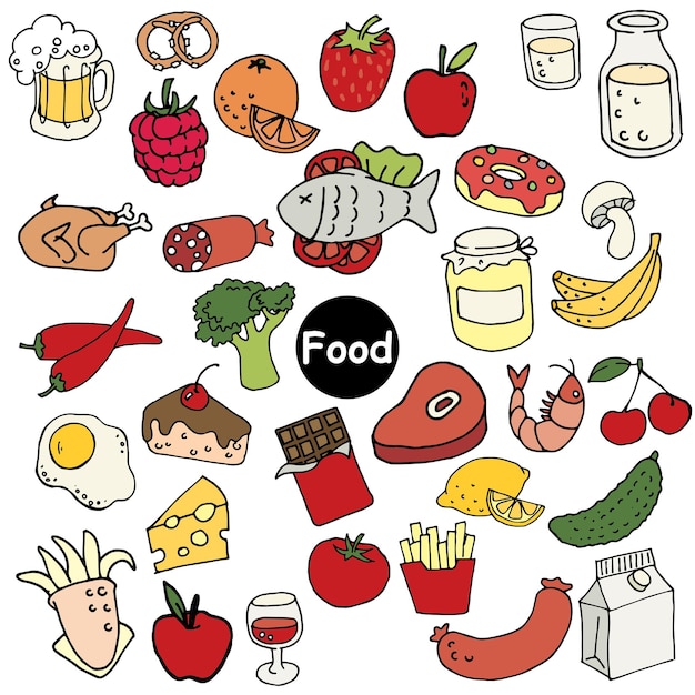 Illustration in doodle style cartoon set of food items