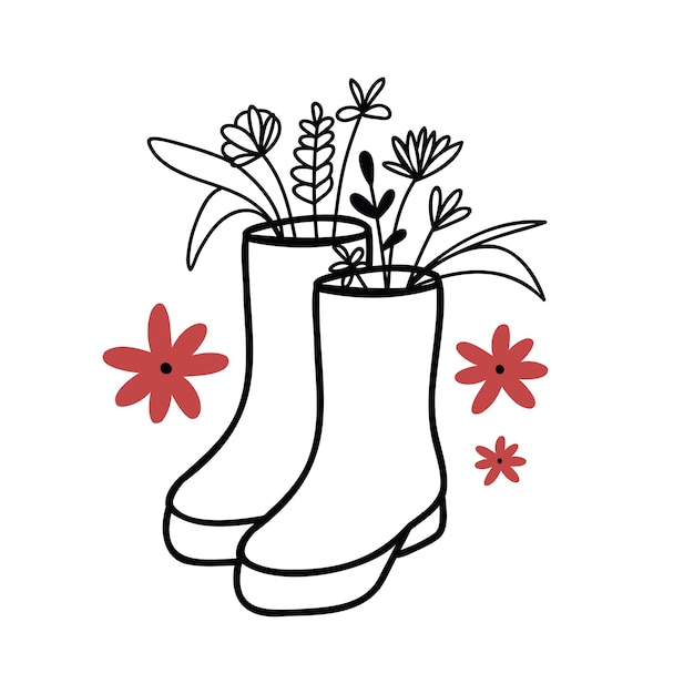 Illustrazione di scarpe in stile doodle. clipart di autunno floreale di vettore. un modello disegnato a mano per biglietti di auguri, striscioni e design di magliette. tutti gli elementi sono isolati.