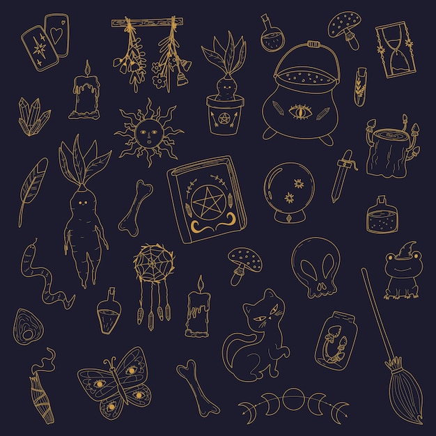 Vector illustration of doodle witch inventory.doodle magic and witchcraft witch esoteric alchemy elements