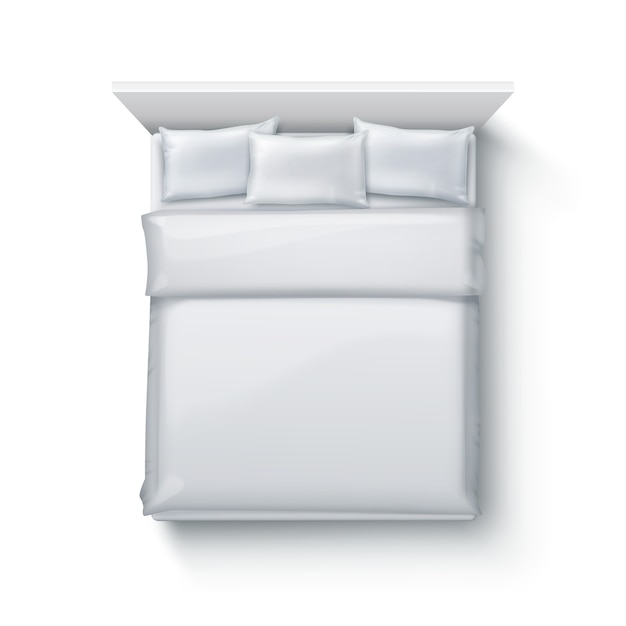 Vector illustration of double bed with soft duvet, bedding and pillows on white background, top view