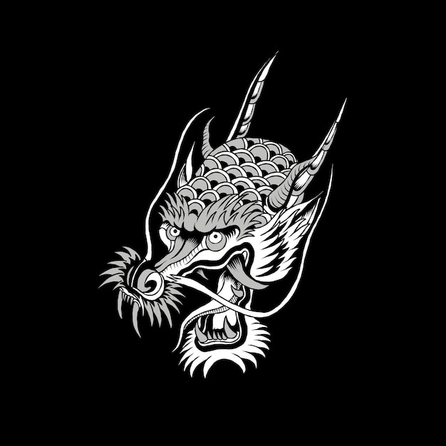 Illustration of dragon traditional tattoo old school concept monochrome