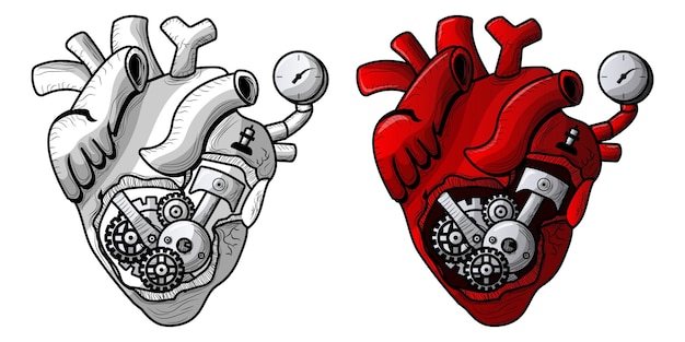 Illustration drawing of machine heart with sketch and full color for posters or clothes designs