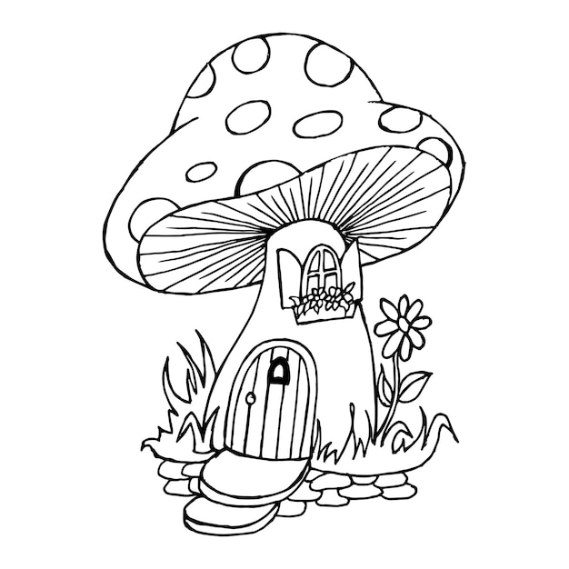 Illustration drawn outline magic mushroom fly agaric in the shape of a forest house