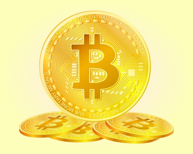 Illustration drawn realistic bitcoin coins shiny coins on a gentle background Icon for business